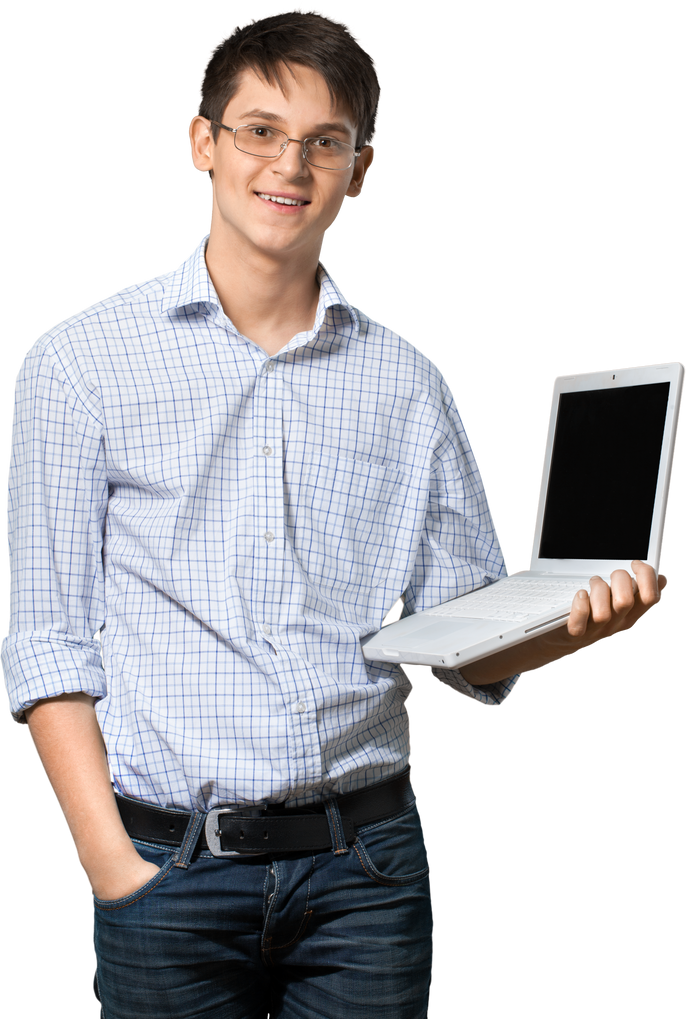 Young Man in Glasses Holding a Laptop